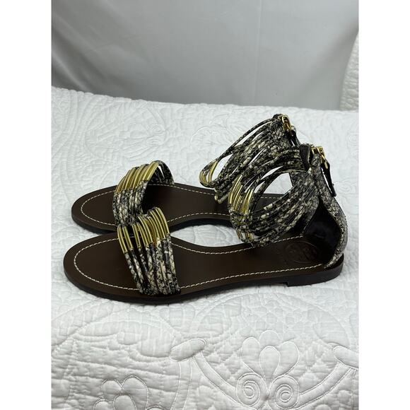 Tory Burch Women's Size 7 Gold/Brown Mignon Rings Snakeskin Print Leather Sandal - Picture 9 of 10